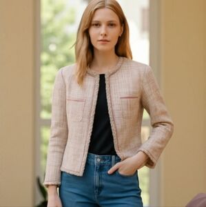 BCBGMaxazria silk cropped tweed nubby neutral tan fitted Clueless blazer. Sz XXS